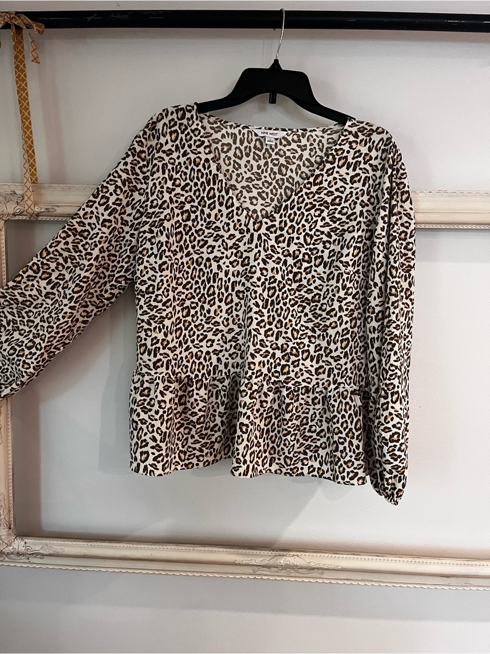 Nine West Leopard Print Peplum Blouse in Beige and Brown
